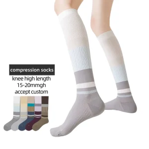 Low MOQ High Quality Elastic Custom Logo Knitted Compression Fitness Nonslip Running Socks Cuff Bottom Autumn Nylon Knee High