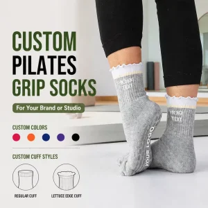 Low MOQ Premium Customize Logo Square Grip Ruffle Heather Grey Yoga Pilates Women Socks Knitting