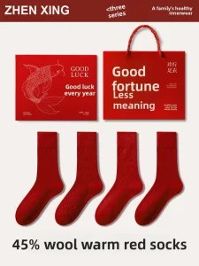 Lucky year Merino Wool Acrylic Blend Solid Red Women’s Warm Thick Mid calf Socks Autumn Winter Gifts In Elegant Gift Box D06