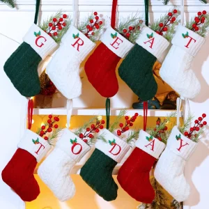 Luxury Christmas Stockings Santa Claus Embroidered Christmas Tree Hanging Knitted Socks Red Green White