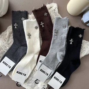 Luxury European Style CE Cotton Socks with Hand Stitched Metal Charms Distressed Ripped Design Crew Socks