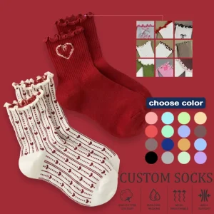 Manufacturer Design Ruffly Logo Women Socks High Quality Athletic Fashion Heart Print Socks Luxury Ladies Custom Socks
