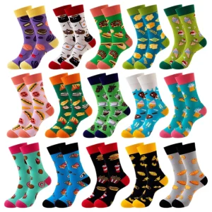 Men Cotton Crew Happy Funny Crazied Colorful Dress Socks With logo Trendy Fancy Fruit Food Flower Socks