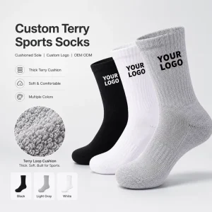 Men Women Unisex Cotton Cushion Plain White Black Grey Crew Training Athletic Custom Sports Socks