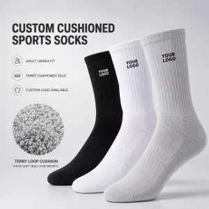 Men Women Unisex Cotton Cushion Plain White Black Grey Crew Training Athletic Custom Sports Socks