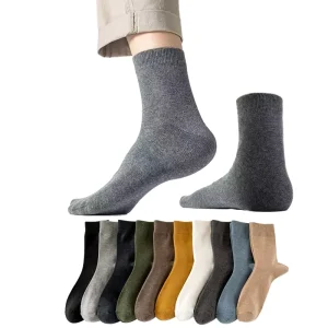 Men’s All Season Mid Calf Cotton Socks Basic Business Casual High Crew for Autumn Pure Color Anti Bacterial Mid Calf Stockings