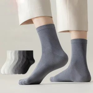 Men’s Anti-Slip Knitted Thin Solid Cotton Mid-Calf Socks Business Gentleman Dress Socks Black for Leather Shoes Spring