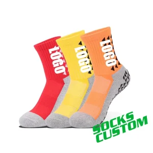 Men’s Athletic Custom Logo Grip Socks Non Slip Sport Soccer Sock Design Knitted Cotton Logo on Cuff for Soccer Sport