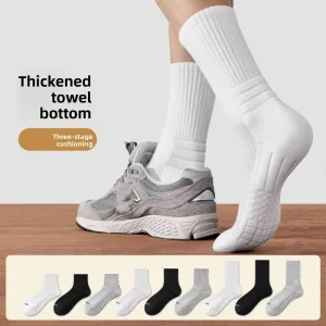 Mens Athletic Mid-Calf Socks Solid Color Knitted Geometric Pattern Quick Dry Breathable Cotton Spandex Anti-Slip for Sports