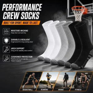 Men’s Basketball Running Crew Socks Performance Cushioned Moisture Wicking Arch Support Athletic Socks for Hiking Gym Workouts