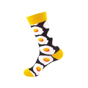 Men’s Cartoon Novelty Hamburger and Deer Breathable Cotton Pattern Crew Socks for Spring Casual Style
