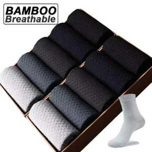 Men’s Casual Bamboo Socks L XL Summer Thin Antibacterial Mid Calf Crew Socks for Men 5 Pairs Set Box Available