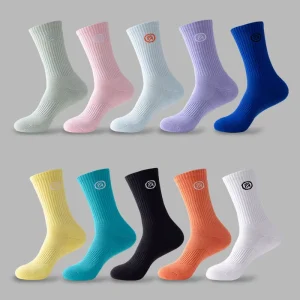 Men’s Casual Basketball Sports Socks Solid Macaron Color Towel Bottom Crew Sports Socks Cotton Spandex