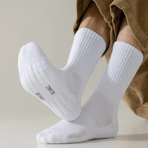 Men’s Casual Cotton Streetwear Sports Socks Comfortable Anti-Slip Free Size Cushioned Terry Loop Sole White Socks