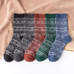 Men’s Casual Mid Tube Wool Socks 23 Double Diamond Lattice Thickened Warm Winter Crew Anti Bacterial Double Needle