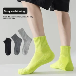 Men’s Casual Terry Socks Combed Cotton Towel Base Solid Color Boneless Seamless Long Mid Four Seasons
