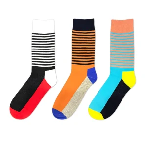 Men’s Color Block Striped Crew Socks Breathable Cotton Casual Dress Socks For Daily Wear