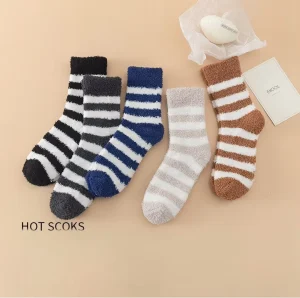 Men’s Coralline Reinforced Mid Tube Crew Socks Winter Casual Striped Sweat Absorbent Fleece Thermal Socks Polyester Bottom Cuff