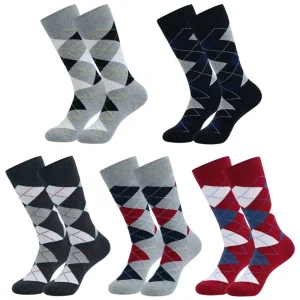 Men’s Cotton Business Socks Fashion Classic Diamond Patterned Crew Dress Socks Anti Odor Seasons Wearing Socks