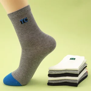 Men’s Crew Cotton Socks With TC Embroidery Color Block Toe Breathable Moisture Wicking All Season Casual Business Socks