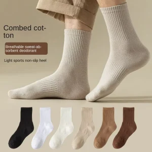 Men’s Crew Socks Spring Autumn Winter Black White Solid Color Sports Non Slip Cotton Anti Bacterial Deodorant Sweat Absorbent