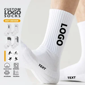 Men’s Custom Logo Sports Socks White Crew Casual Sport Socks Knitted Bottom Athletic Socks for Spring