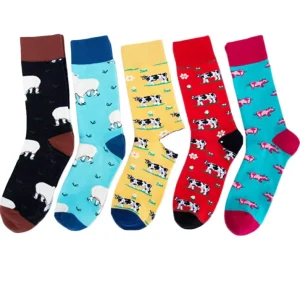 Men’s Dress Socks Casual 80% Cotton With Happy Cow Animal Print Winter Season Woven Technique In-Stock