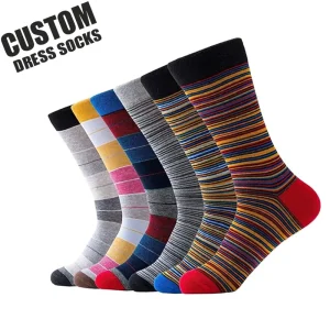 Mens Dress Socks Cotton Colorful Striped Patterned Solid Lightweight Breathable 6 Pack High Crew Bottom Body Logo Cuff