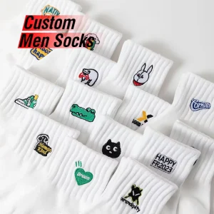 Men’s Embroidered Logo Socks Crew Solid Color Adult Comfortable Knitted Sweat Absorbent Breathable Anti Bacterial Casual Socks