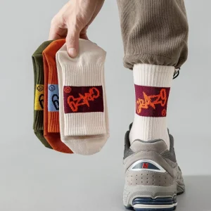 Mens Mid Calf Athletic Cotton Socks Breathable Sweat Absorbing Odor Resistant Running Sports Socks Trendy Letter Design