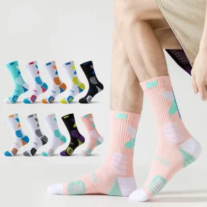 Men’s Mid Calf High top Knitted ODM Polyester Cotton Sweat Absorbent Antibacterial Anti Odor Geometric Pattern Running Sports