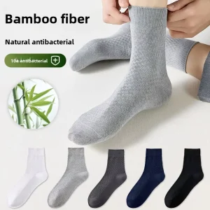 Mens Natural Bamboo Fiber Polyester Spandex Seamless Mid-Calf Summer Breathable Sweat-Absorbing Antibacterial Socks