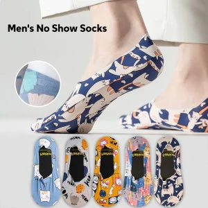 Men’s No Show Socks Silicone Anti Slip Ice Silk Invisible Summer Ultra Thin Breathable Printed Boat Socks