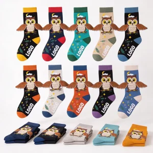 Mens Owl Pattern Cotton Crew Socks Multi color Cartoon LOGO Print Fun Breathable Comfort Daily Wear Summer Knitted Mix Custom