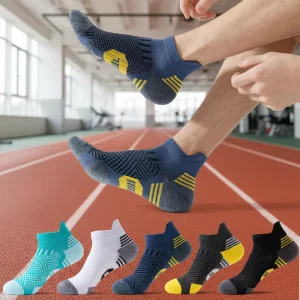 Men’s Quick Drying Anti Slip Striped Knitted Ankle Socks Front Back Heel Design for Autumn Running Cuff Bottom