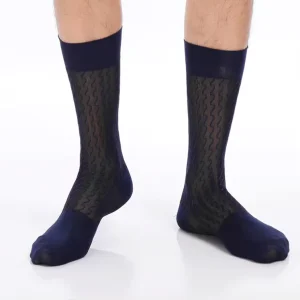 Men’s Silky Rib Crew Dress Sock Over the Calf Mens Formal Dress Socks Fashion Striped Business Sheer Nylon Socks for Men