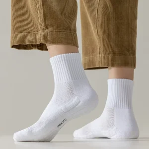 Men’s Sport Socks Cushioned Mesh Knitted Terry Sole Black White Athletic Socks With 3 Tube Length