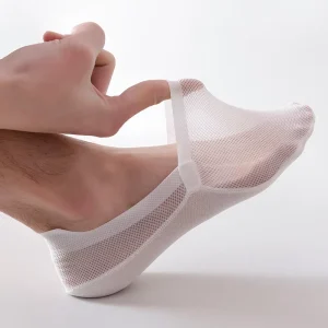 Men’s Summer Super Breathable Cotton Mesh No Show Boat Socks Non Slip and Invisible Ice Silk Business Socks with Bottom Logo
