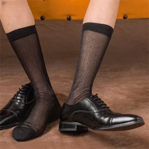 Men’s Summer Ultra Thin Nylon Breathable Silk Dress Socks Large Size Transparent Formal Striped Socks