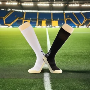 Men’s Terry Long Football Socks with Grips Adult Anti Slip Knee High Stockings for Soccer Sport