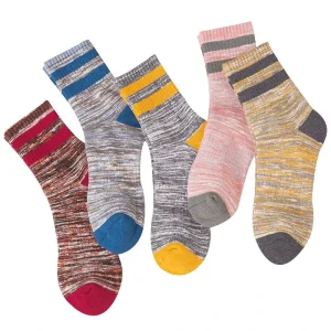Men’s Thick Terry Crew Colorful Striped Cotton Socks Knitted Technique for Autumn Hiking Mountain Cycling Walking
