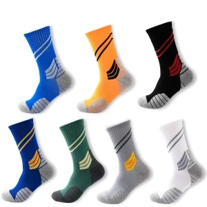 Men’s Trendy Striped Sports Socks Sweat-Absorbing Non-Slip Basketball Crew Socks with Knitted Logo on Cuff