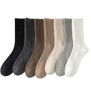 Men’s Unisex Casual Quality Cotton Crew Socks Brown White Solid Color Ribbed Socks Breathable for Summer