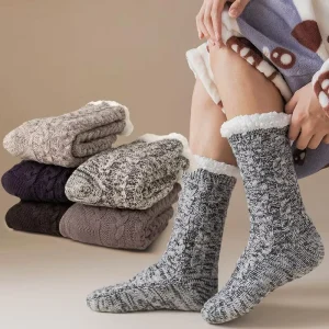 Men’s Winter Socks Ultra Plush Thermal Slipper Socks with Anti Slip Dots Cotton Blend Cable Knit for Indoor