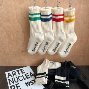 Men’s Winter Thick Warm Furry Lined Socks Vintage Retro Striped Terry Thermal Socks with Ribbed Cuff Half Cushion Sole