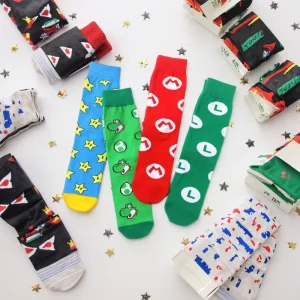 Men’s Women’s Mid Length Tidal Anime Inspired Cotton Socks Colorful Stars Mario Marie Game Pattern Soft Dress Crew Ankle Autumn