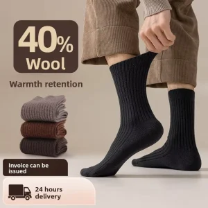 Men’s Wool Knitted Crew Socks Autumn Winter Anti-Bacterial Double Needle Warm Seamless Business Socks