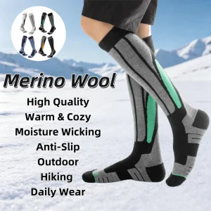 Merino Wool Knee High Ski Socks Custom Logo Warm Thermal Terry Cushion Snowboard Hiking Outdoor Winter Sports Socks
