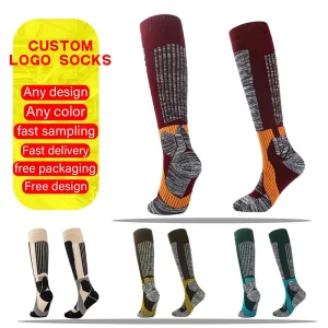 Merino Wool Thermal Hiking Ski Terry Socks Anti-slip Winter Sports Socks with Hand Drawn Logo Knitted Technique