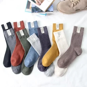 Mid-Calf Cotton Sports Socks for Women Stacked Trendy Autumn Winter Crew Knitted with Letter Pattern Logo on Body